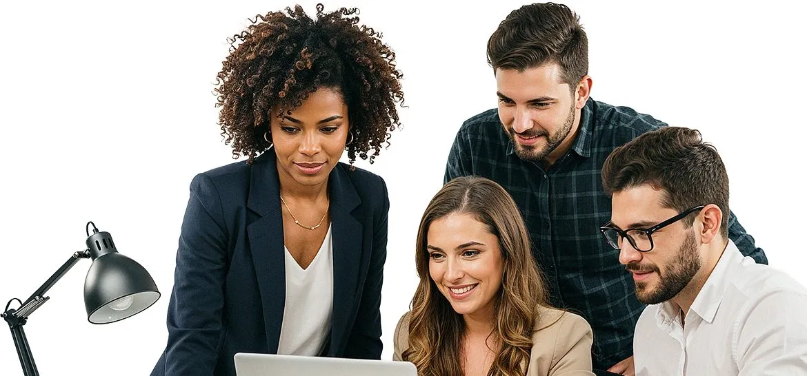 Equipe analisando dados em reunião